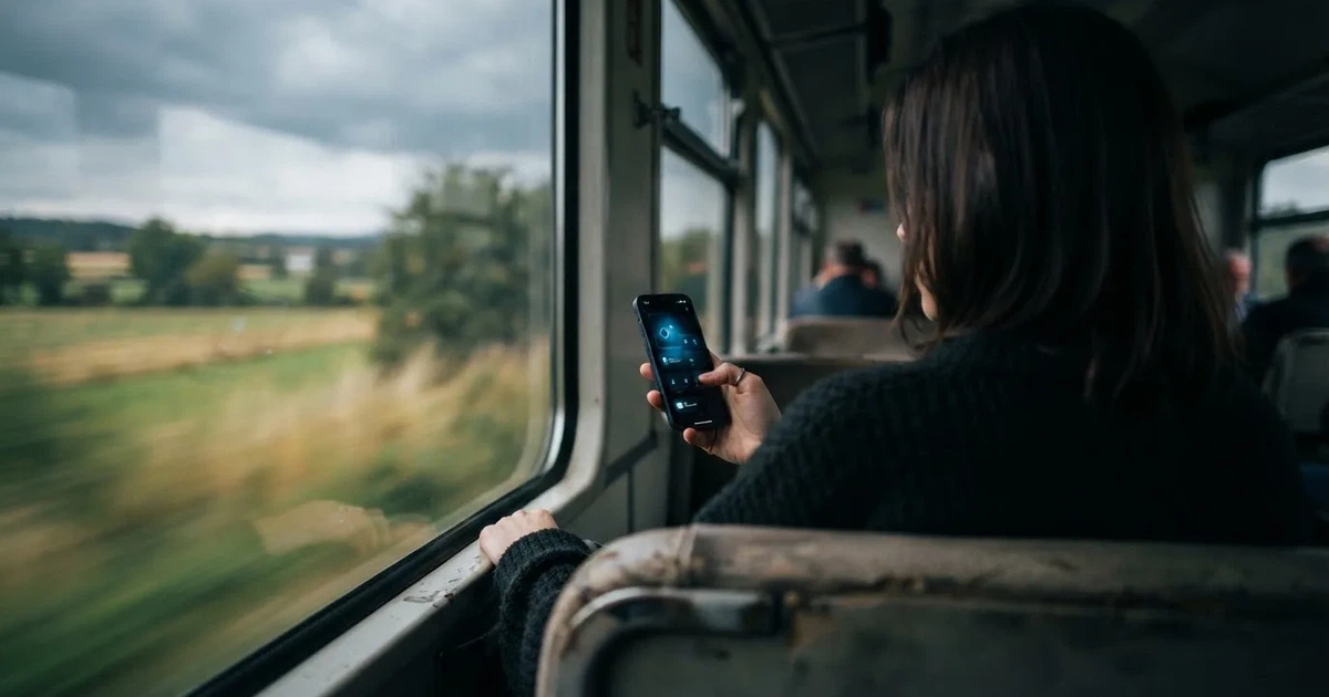 Eine Hand hält ein Smartphone mit dunklem Display in einem Zug, am Fenster ziehen verschwommen Felder vorbei.
