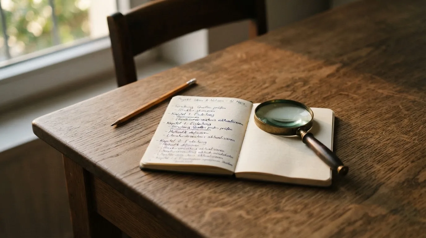 Ein schmaler Schreibtisch am Fenster mit einem Notizbuch, einer Lupe und einem Bleistift im Morgenlicht.
