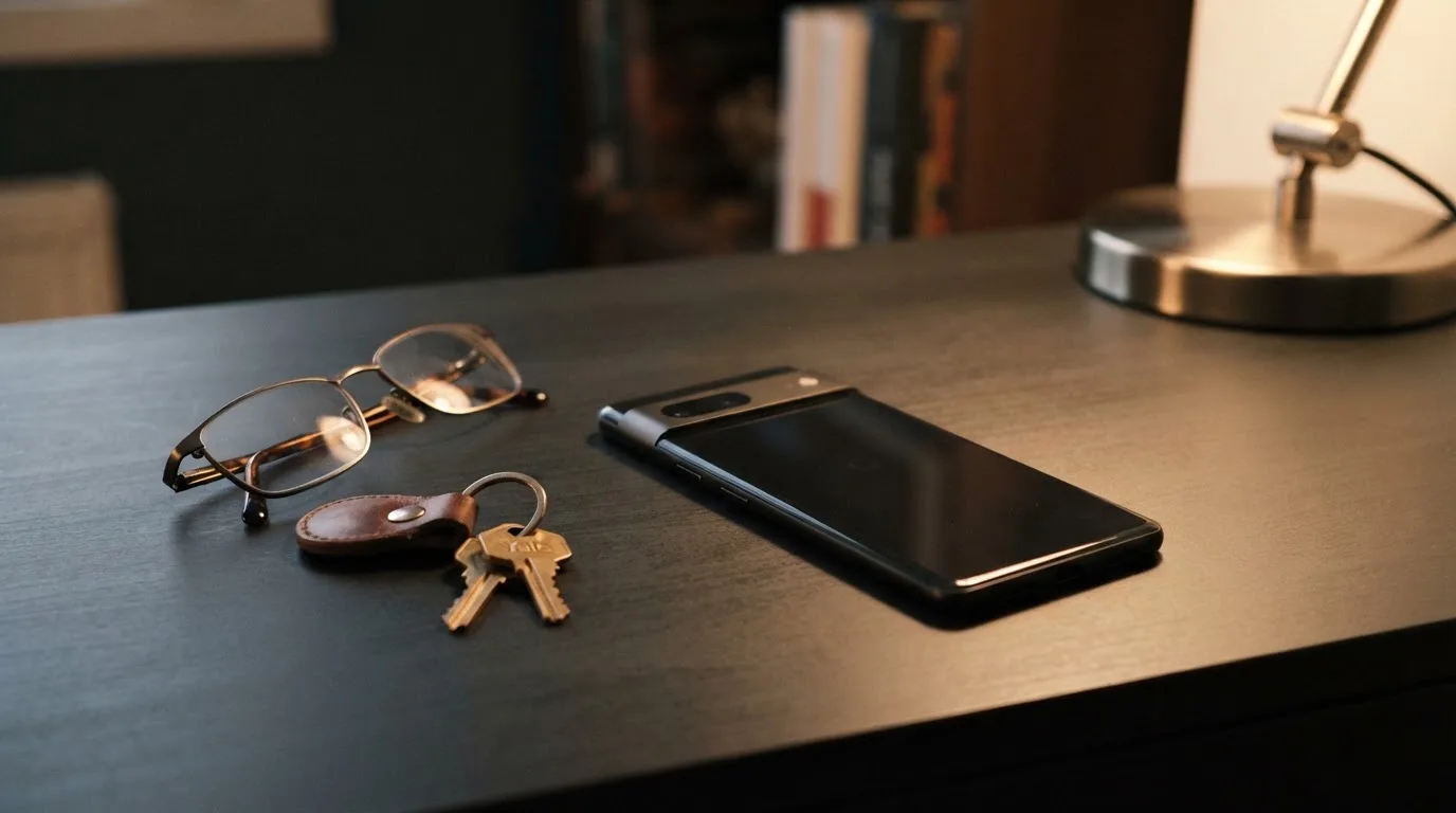 Ein Smartphone liegt mit dunklem Display auf einem Schreibtisch neben einem Schlüsselbund und einer Brille.