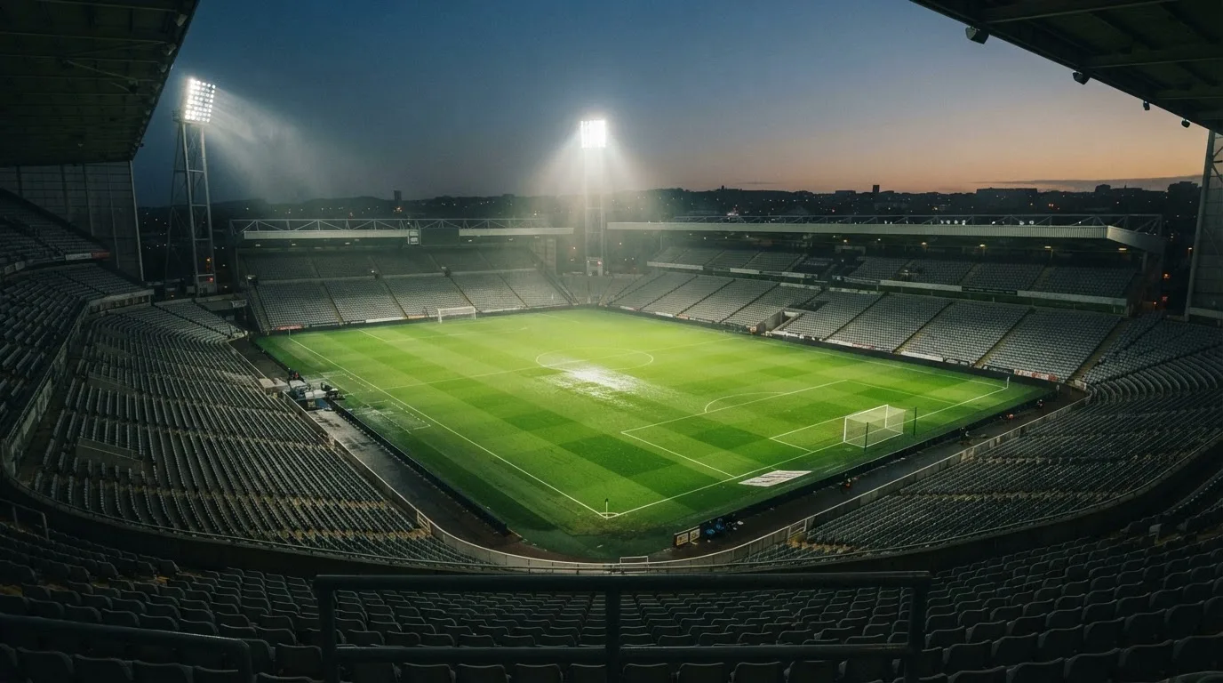 Eine leere Stadiontribüne unter Flutlicht aus der Ferne betrachtet, die Rasenfläche leuchtet grün in der Dämmerung.