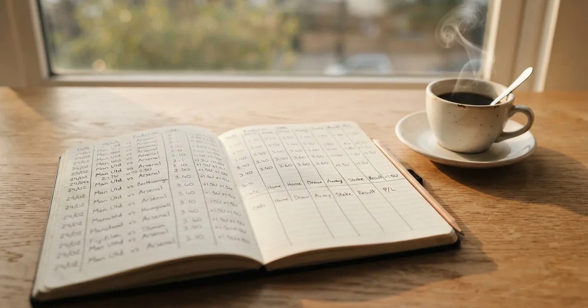 Handschriftliche Zahlenkolonnen in einem Notizbuch, daneben ein Bleistift und eine Tasse Kaffee auf hellem Holz.