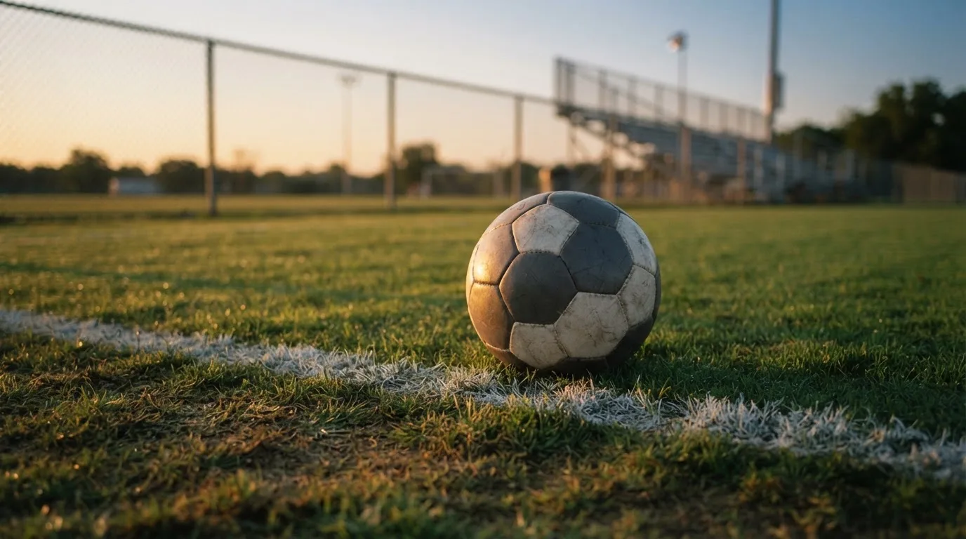 Ein Fußball liegt am Rand eines Rasens neben einer weißen Linie, im Hintergrund ein Zaun in der Abendsonne.
