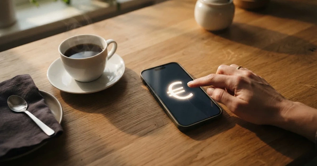 Ein Daumen schwebt über einem Smartphone mit dunklem Display, das auf einem Küchentisch neben einer Tasse liegt.