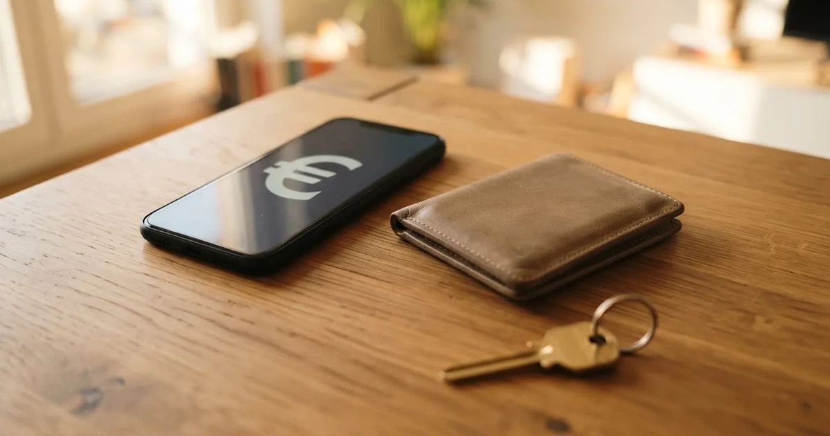 Ein Smartphone mit dunklem Display liegt neben einer Geldbörse und einem Schlüssel auf einem Tisch.