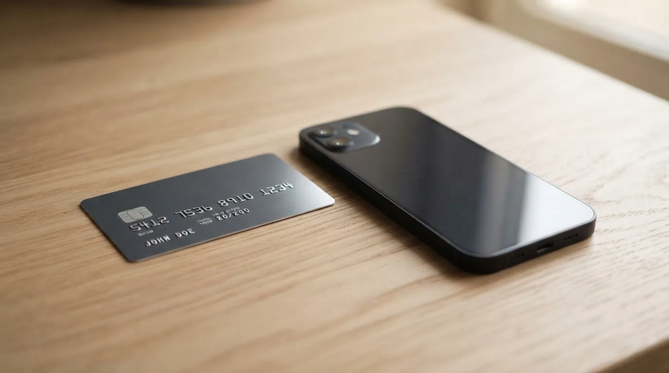 Eine Bankkarte ohne Aufdruck liegt neben einem Smartphone mit dunklem Display auf einem Holztisch.