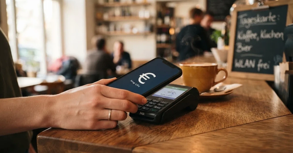 Eine Hand hält ein Smartphone dicht an ein Kartenlesegerät ohne erkennbare Beschriftung in einem Café.