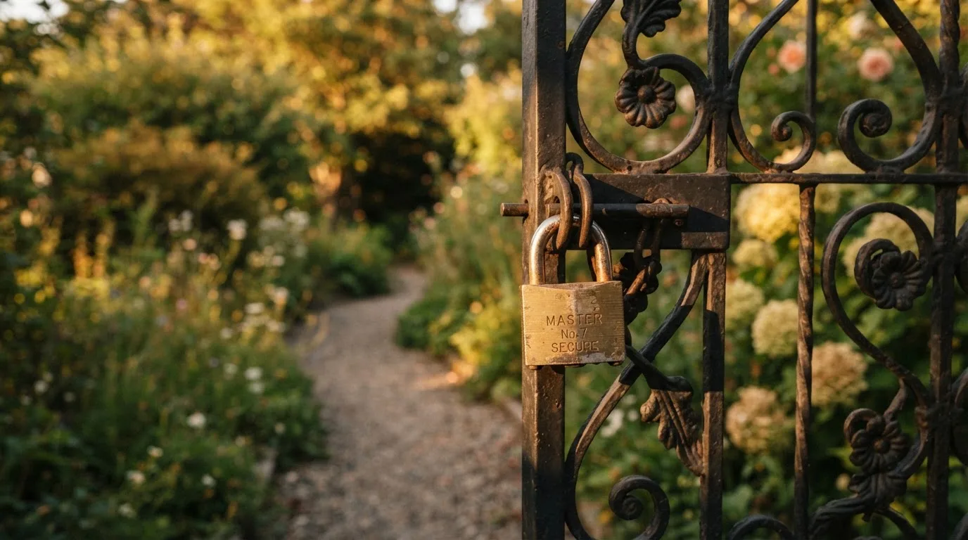Ein Vorhängeschloss hängt an einem Gartentor im Abendlicht, dahinter ein unscharfer Weg.