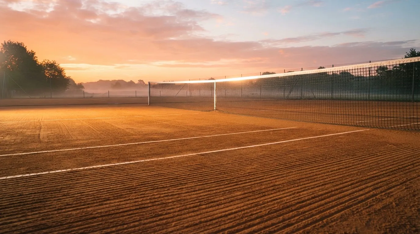 Ein Tennisplatz aus Sand bei Sonnenaufgang, das Netz im Gegenlicht, kein Mensch zu sehen.