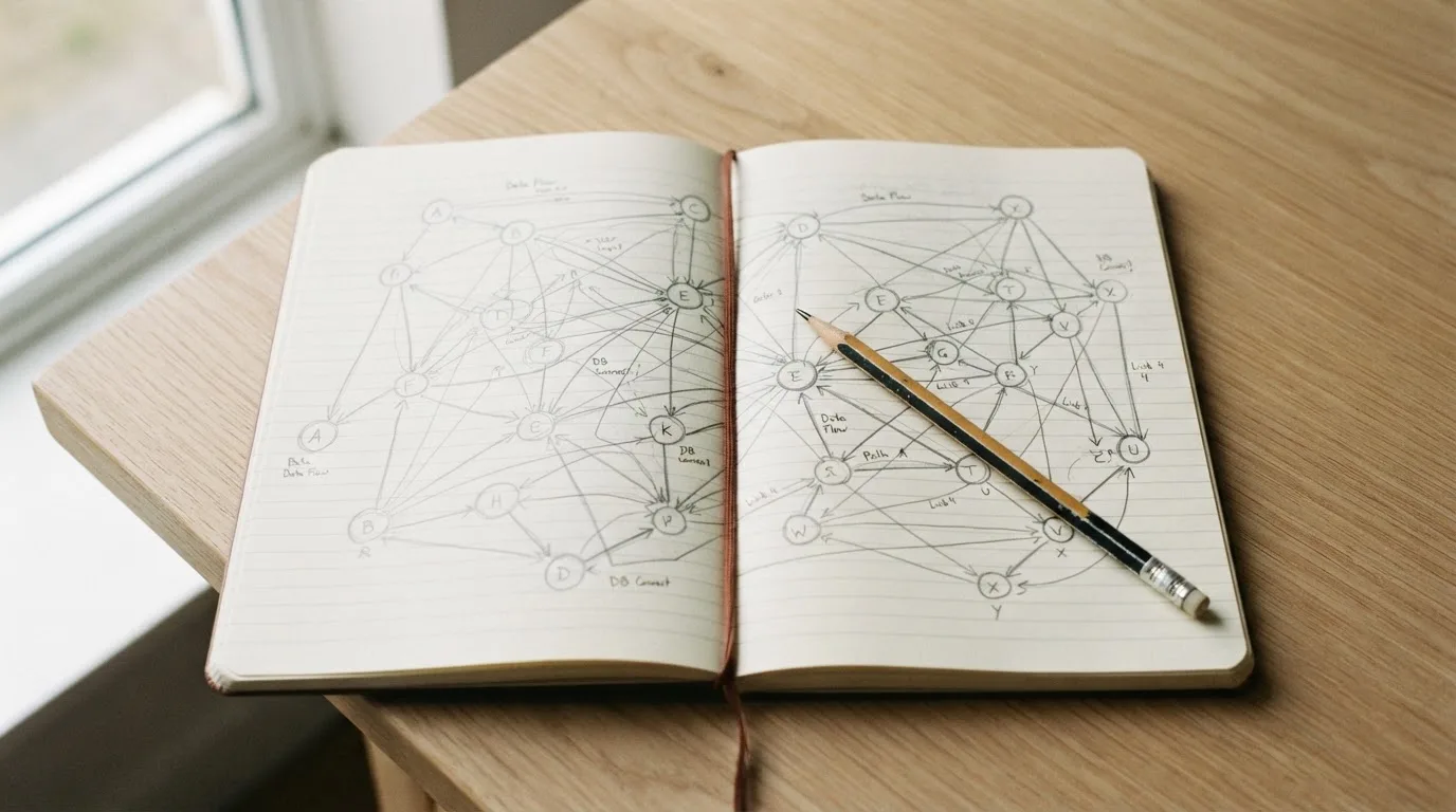 Ein Notizbuch mit handgezeichneten Knoten und Linien liegt neben einem Bleistift auf einem Schreibtisch.