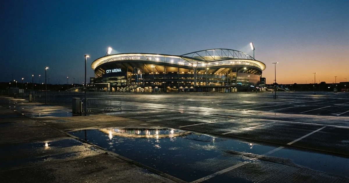 Ein Stadion unter Flutlicht aus großer Entfernung gesehen, davor ein regennasser Parkplatz in der Dämmerung.
