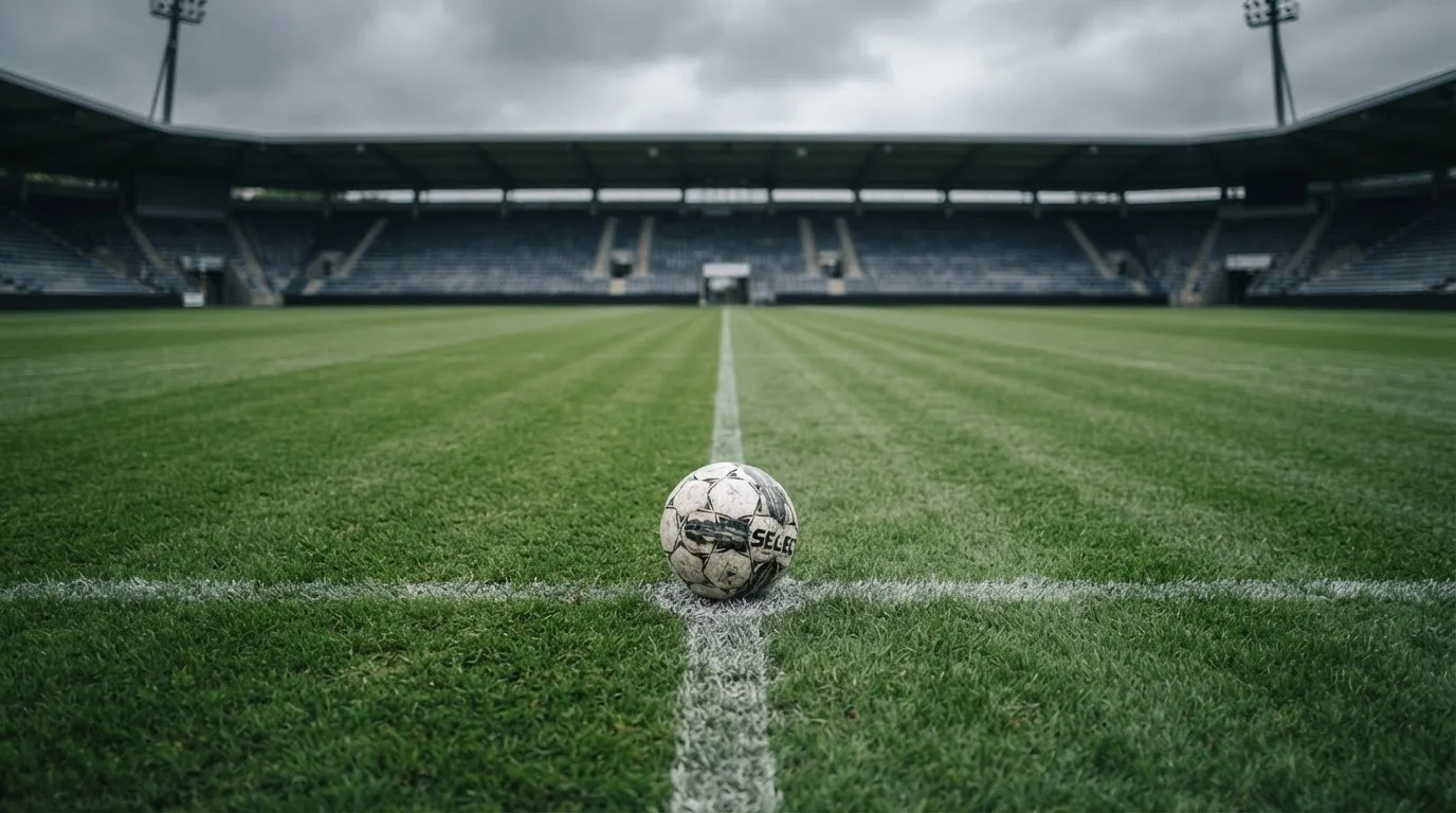 Ein Fußball liegt auf dem Anstoßpunkt eines leeren Rasenplatzes, im Hintergrund eine ruhige Tribüne unter bedecktem Himmel.
