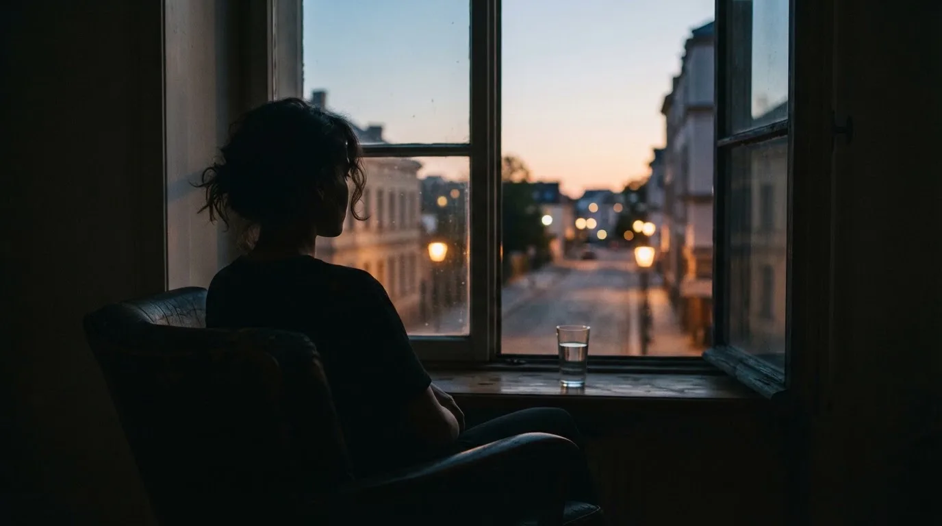 Die Silhouette einer Person sitzt am Abend am Fenster und blickt auf eine Straße, auf dem Fensterbrett steht ein Glas Wasser.
