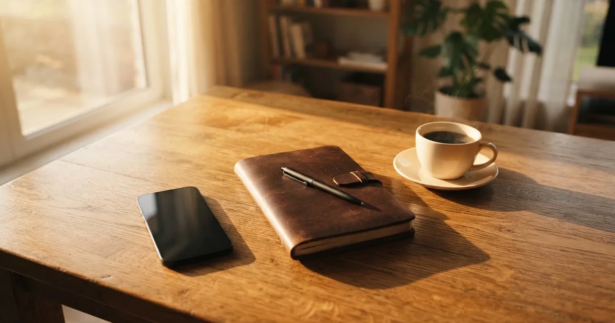 Ein Holzschreibtisch im Morgenlicht mit geschlossenem Notizbuch, Kugelschreiber und Kaffeetasse, daneben ein Smartphone mit dunklem Bildschirm.