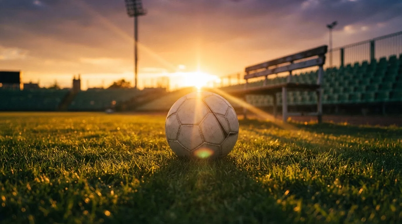 Ein Fußball auf einem Rasenplatz im Gegenlicht der tiefstehenden Sonne, am Spielfeldrand eine leere Ersatzbank.