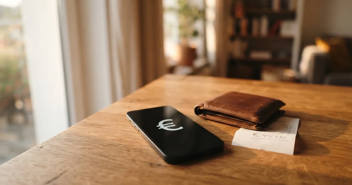 Ein Smartphone mit dunklem Bildschirm liegt neben einer Geldbörse und wenigen Münzen auf einem Holztisch im weichen Fensterlicht.