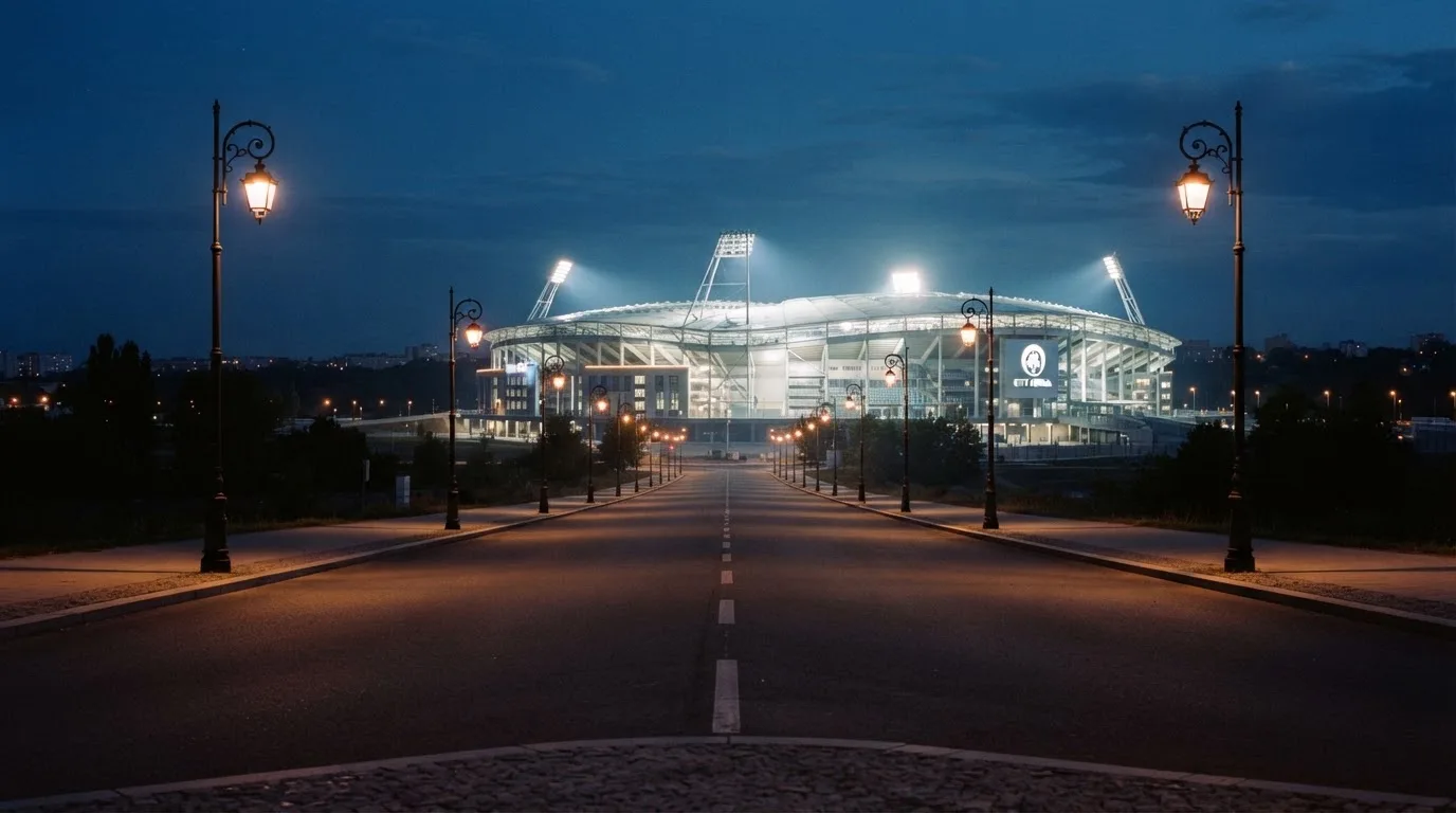 Ein Stadion unter Flutlicht aus der Ferne gesehen, davor eine dunkle Straße mit Laternen und ohne Menschen.