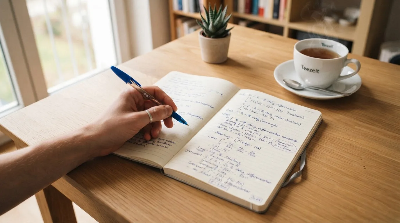 Ein Notizbuch mit handgeschriebenen Rechnungen und ein Taschenrechner auf einem hellen Schreibtisch neben einer Tasse Tee.