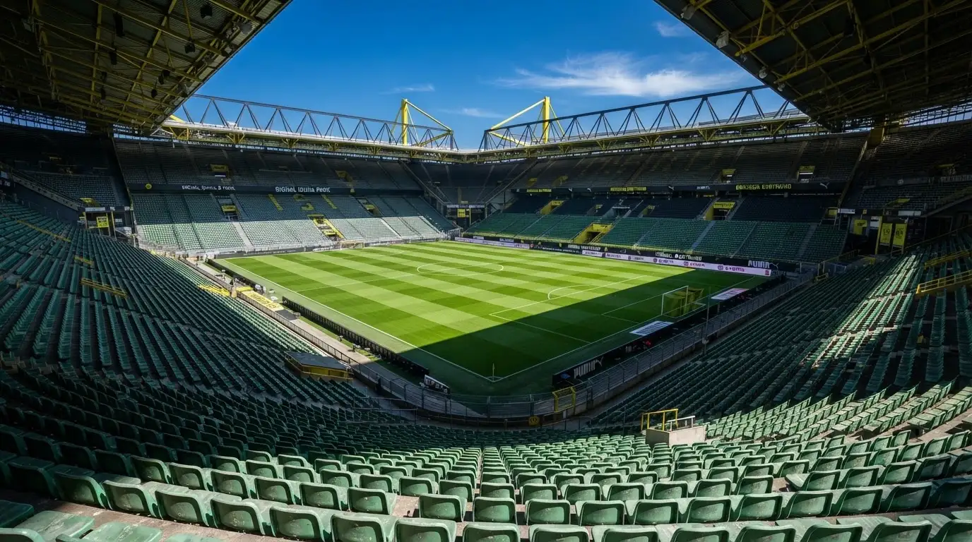 Ein leeres Fußballstadion bei Tageslicht von der Tribüne aus gesehen, der Rasen zeigt gleichmäßige Mähstreifen.