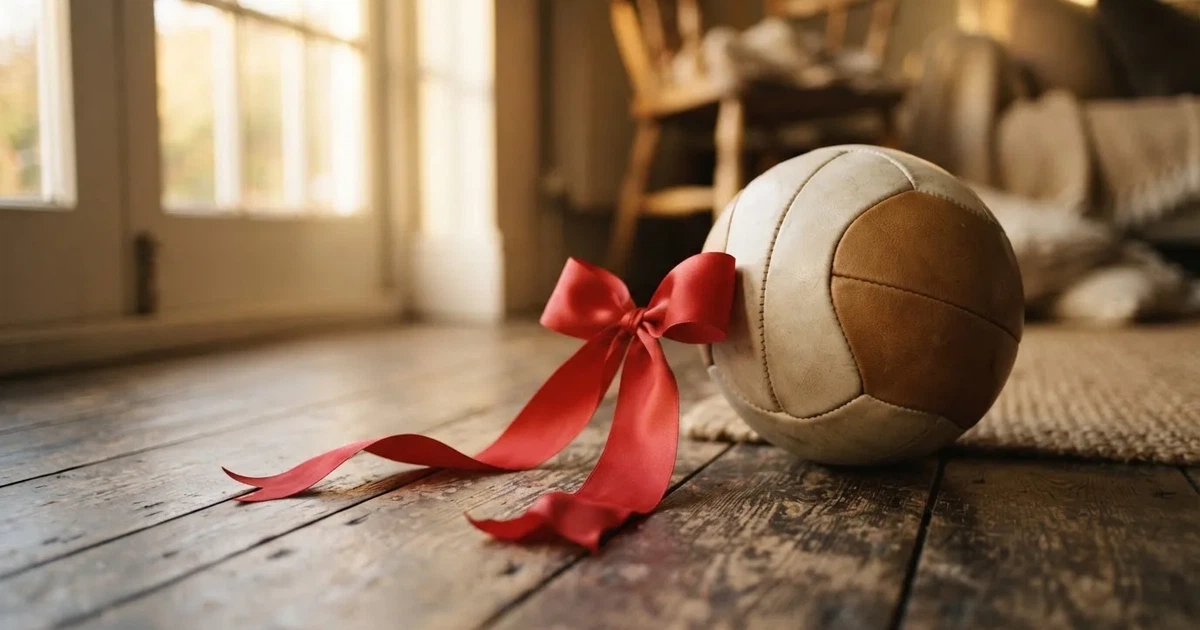 Ein Geschenkband liegt neben einem Fußball auf einem Holzboden, gedämpftes Licht fällt von einem Fenster herein.