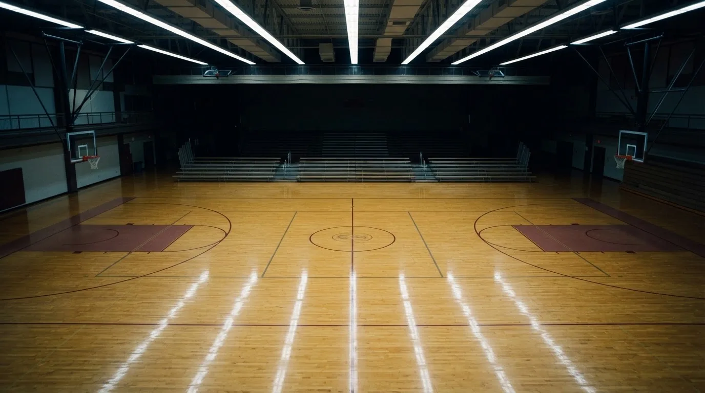 Ein Basketballfeld in einer leeren Halle, das Parkett spiegelt das Licht der Deckenlampen.