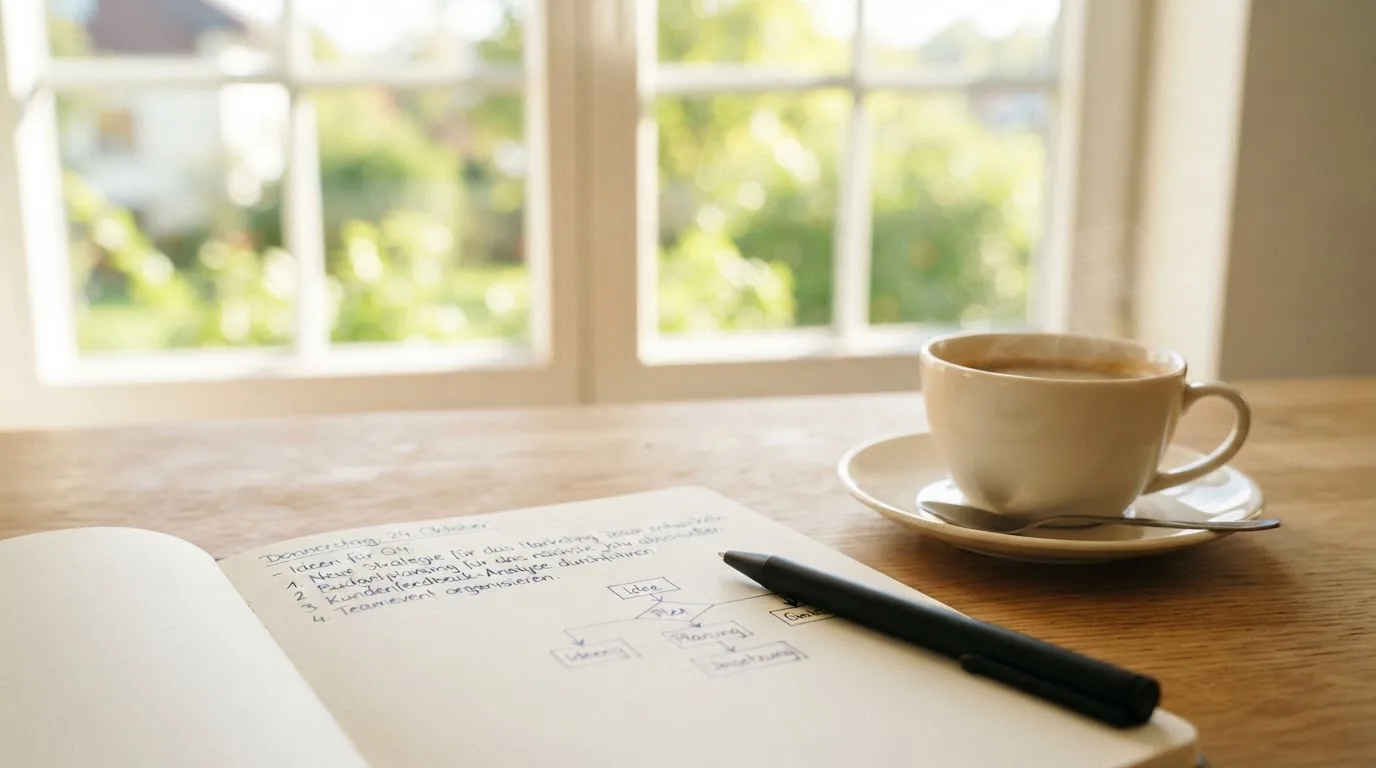Eine Tasse Kaffee, ein Kugelschreiber und ein aufgeschlagenes leeres Notizbuch auf einem Küchentisch am Fenster.