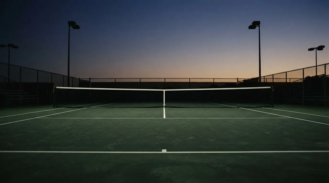 Ein Tennisplatz in der Dämmerung, Netz und Linien im Zwielicht, ohne Menschen und mit ruhigem Himmel.