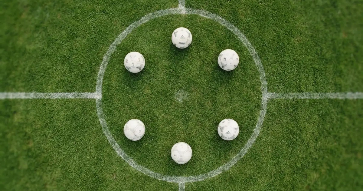 Sechs Fußbälle in einem Kreis auf einem gepflegten Rasen, von oben aufgenommen, gleichmäßiges Tageslicht.