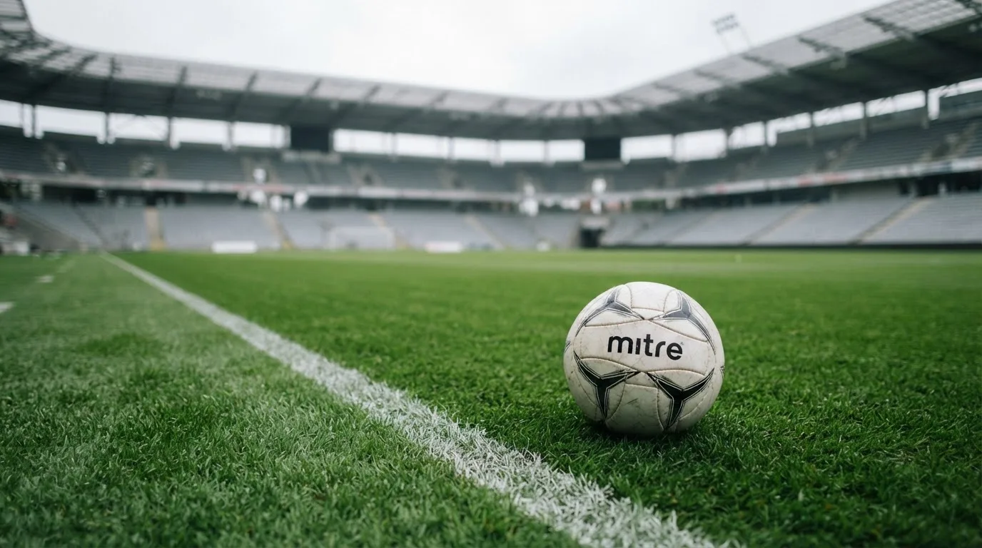 Ein Fußball liegt am Spielfeldrand eines Rasenplatzes, im Hintergrund eine leere Tribüne unter hellem Himmel.