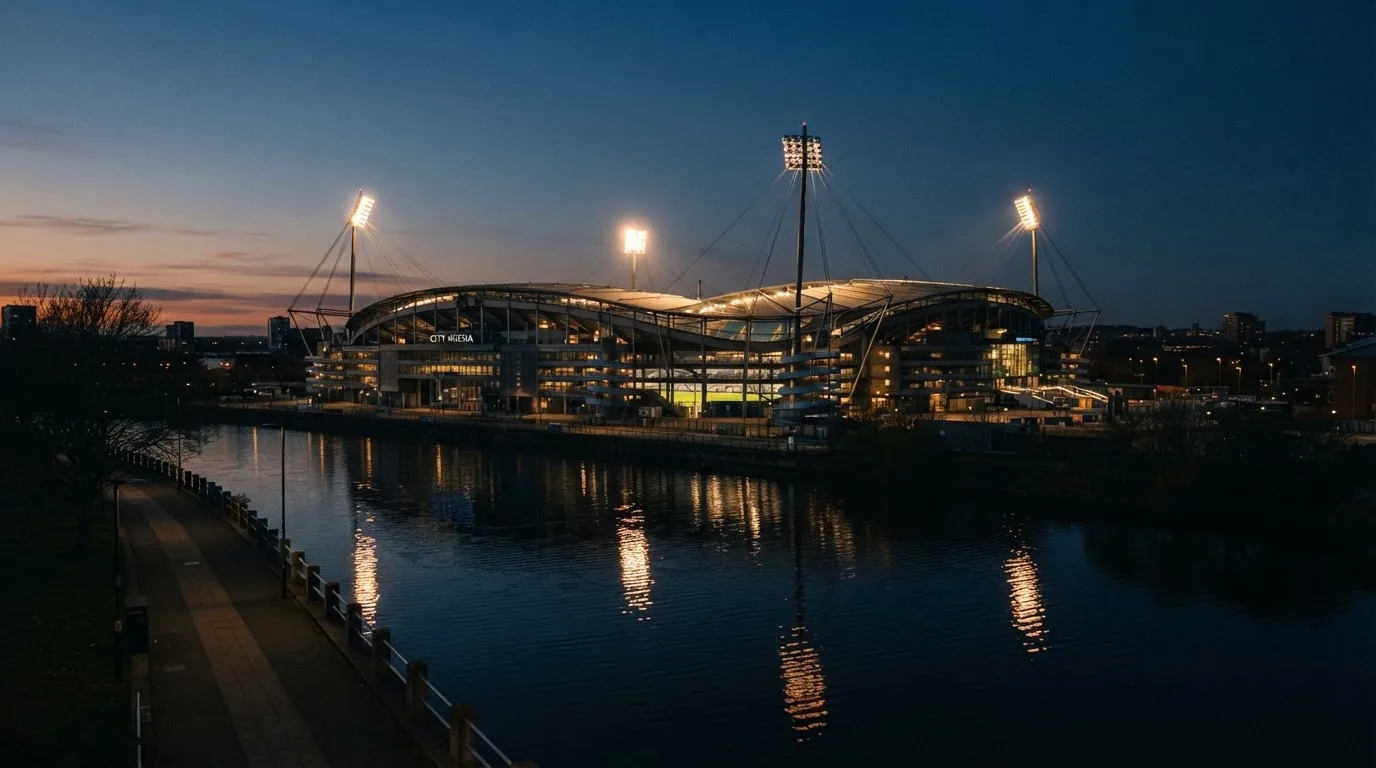 Ein Stadion unter Flutlicht aus der Ferne gesehen, im Vordergrund ein ruhiger Fluss und ein Fußweg.