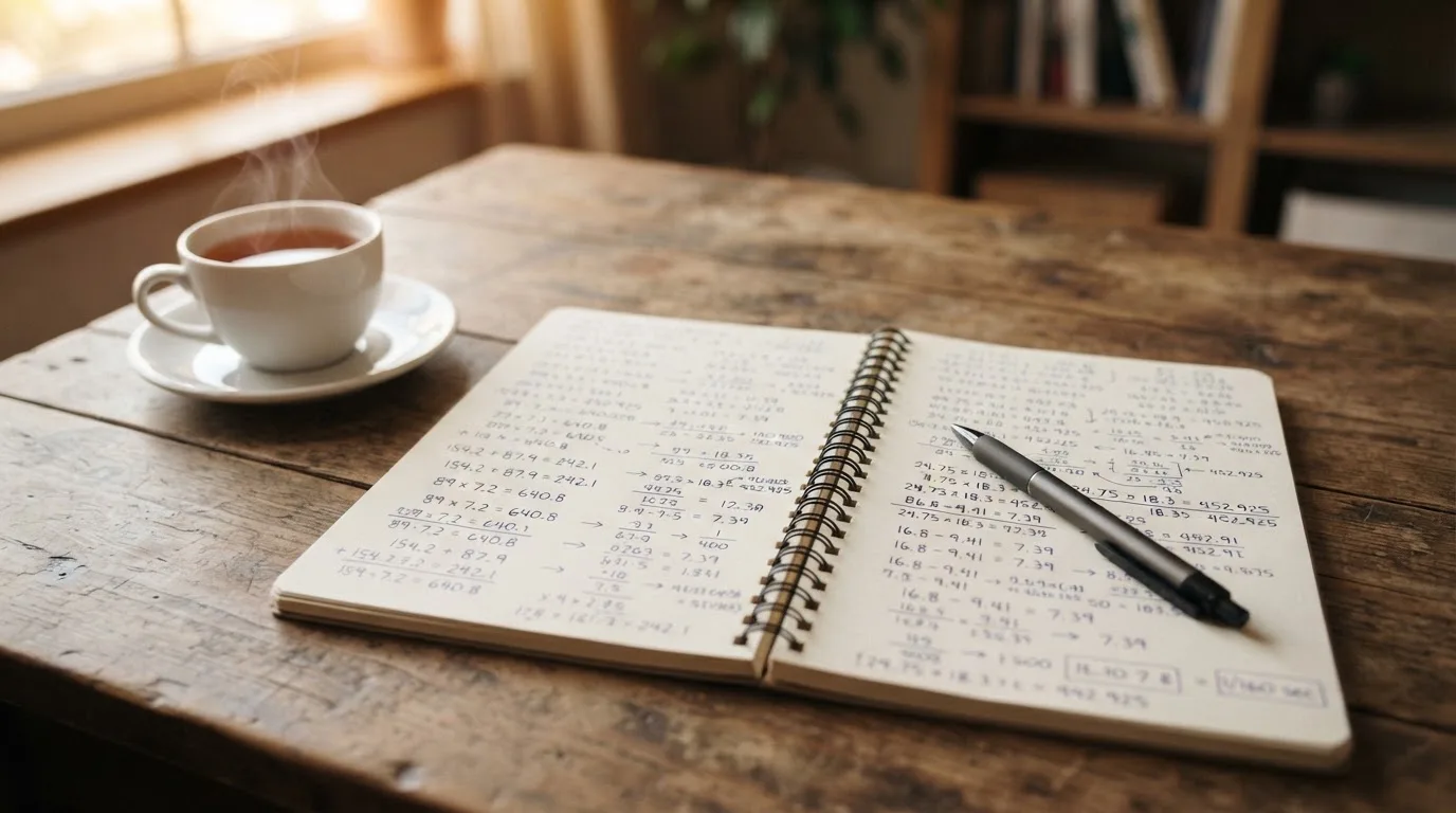 Ein Notizbuch mit handgeschriebenen Rechnungen und ein Taschenrechner auf einem Schreibtisch neben einer Teetasse.