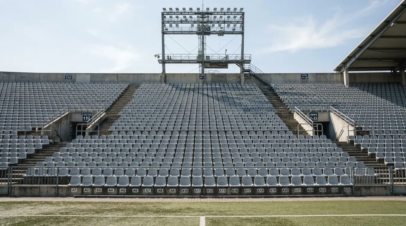 Eine leere Tribüne eines Fußballstadions bei Tageslicht, Sitzschalen in Reihen und dahinter ein Flutlichtmast.