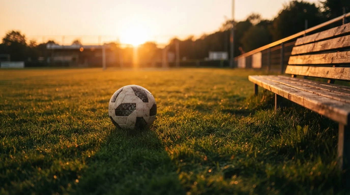 Ein Fußball auf einem Rasenplatz im Gegenlicht der tiefstehenden Sonne, am Rand eine leere Ersatzbank.