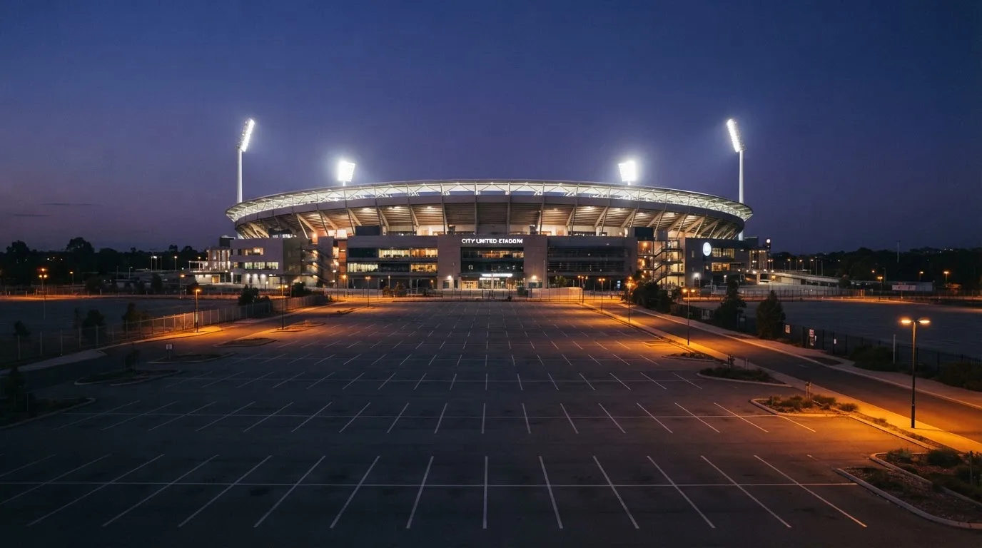 Ein Stadion unter Flutlicht aus der Ferne gesehen, davor ein leerer Parkplatz in der Dämmerung.