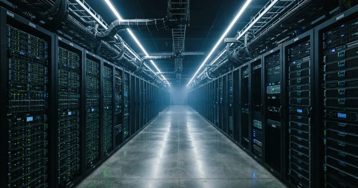 Ein Serverraum mit Reihen schwarzer Schränke und blinkenden Lichtern in kühlem Licht, ohne Menschen.