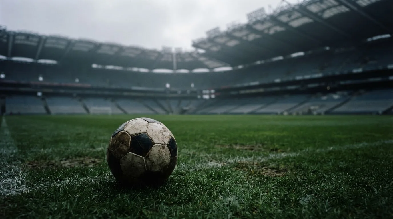 Ein Fußball auf einem Rasen, im Hintergrund ein leeres Stadion bei bewölktem Himmel.
