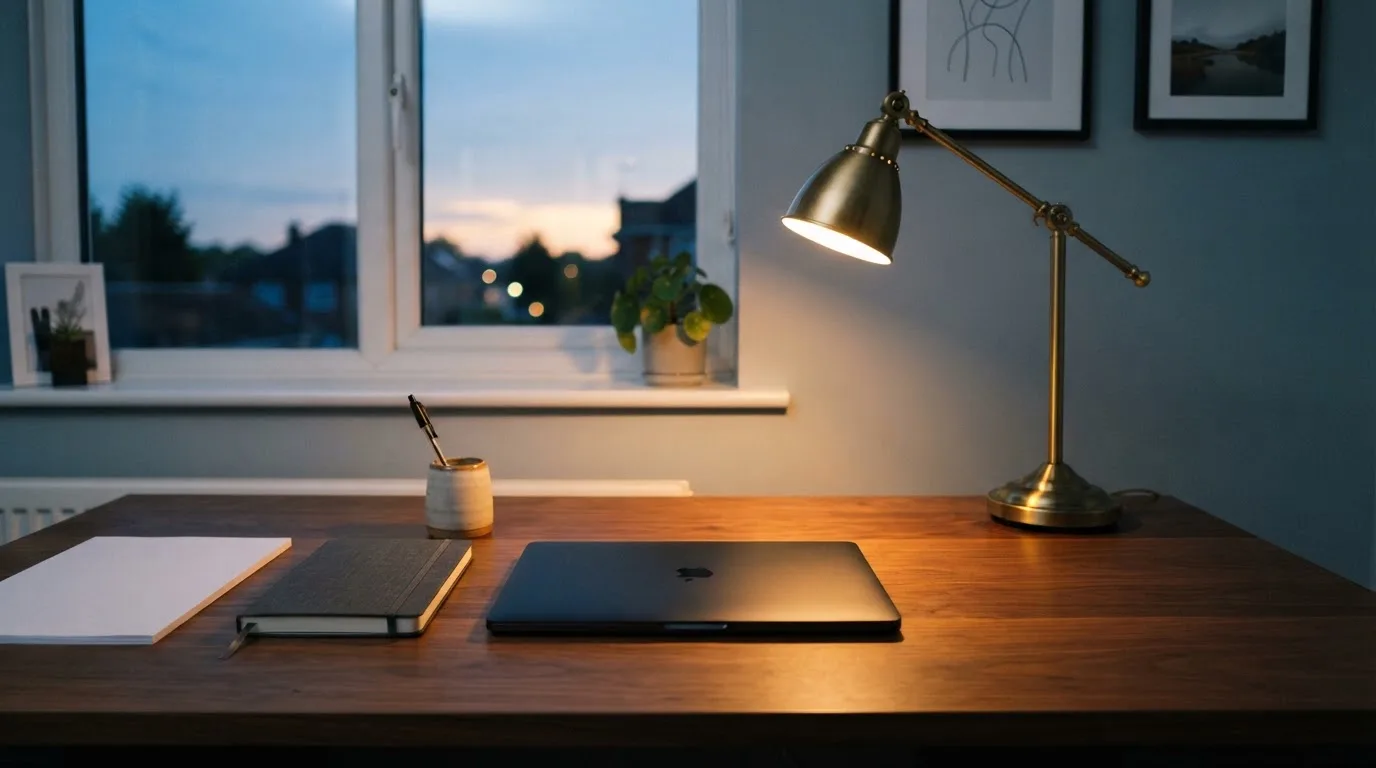 Ein Schreibtisch mit Lampe und geschlossenem Laptop in einem ruhigen Büro bei Abendlicht.