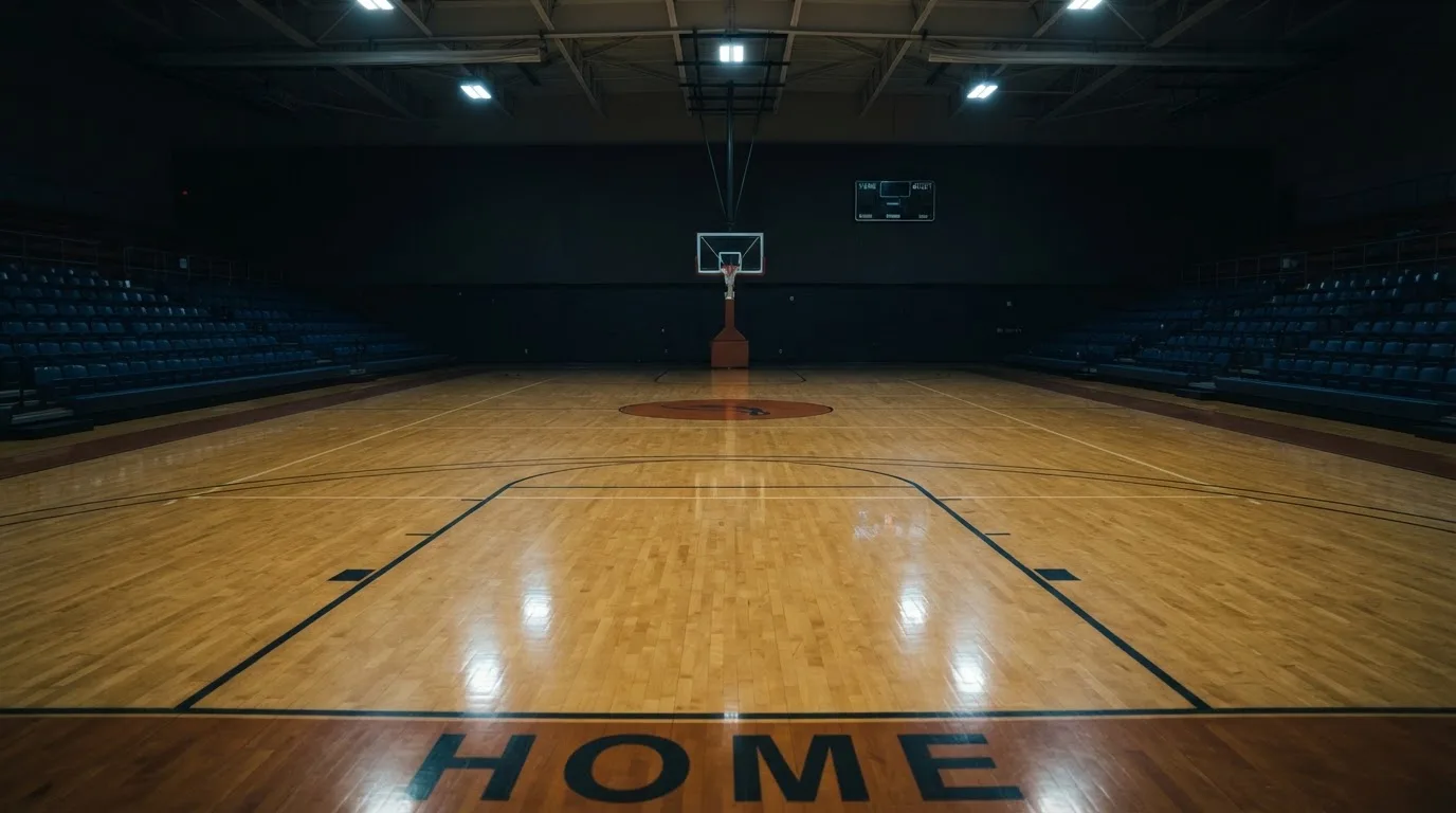Ein Basketballfeld in einer leeren Halle, das Parkett spiegelt das Deckenlicht.