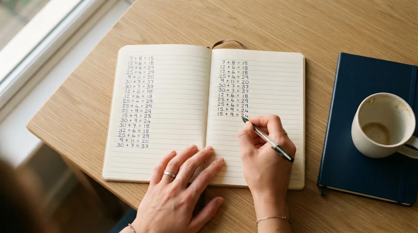 Ein Taschenrechner und ein Notizbuch mit handschriftlichen Zahlenreihen auf einem Schreibtisch neben einem Kugelschreiber.