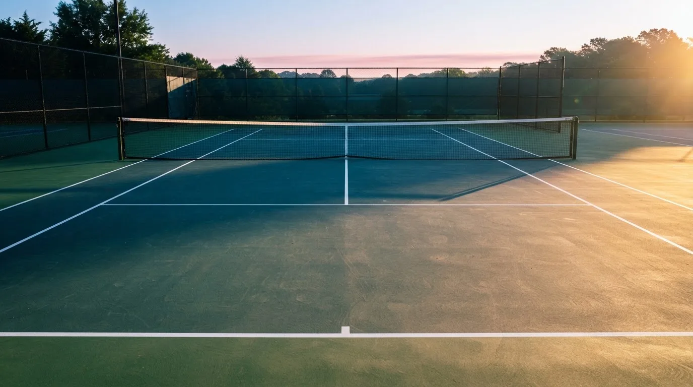 Ein Tennisplatz bei Sonnenaufgang, Netz und Linien im Streiflicht, ohne Menschen.
