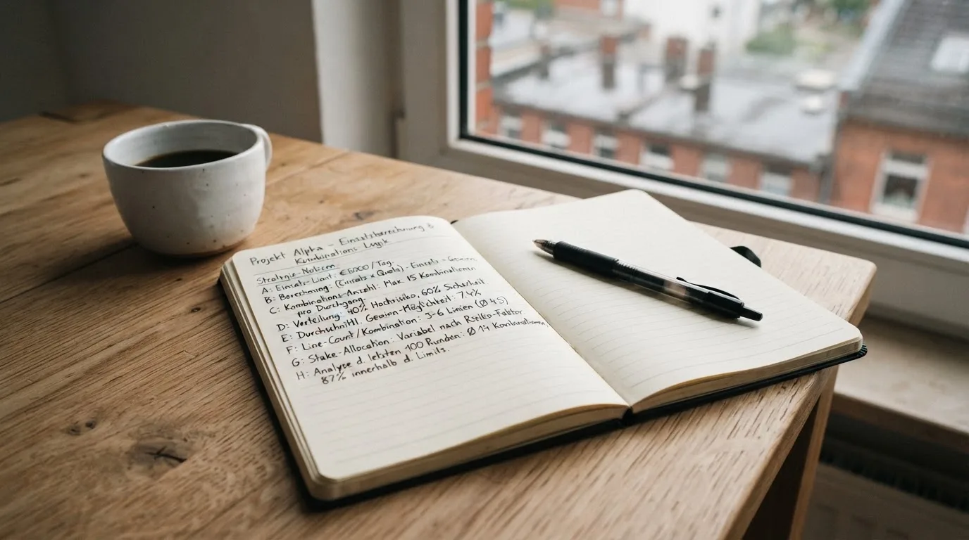 Ein aufgeschlagenes leeres Notizbuch mit Kugelschreiber neben einer Tasse Kaffee auf einem Tisch am Fenster.