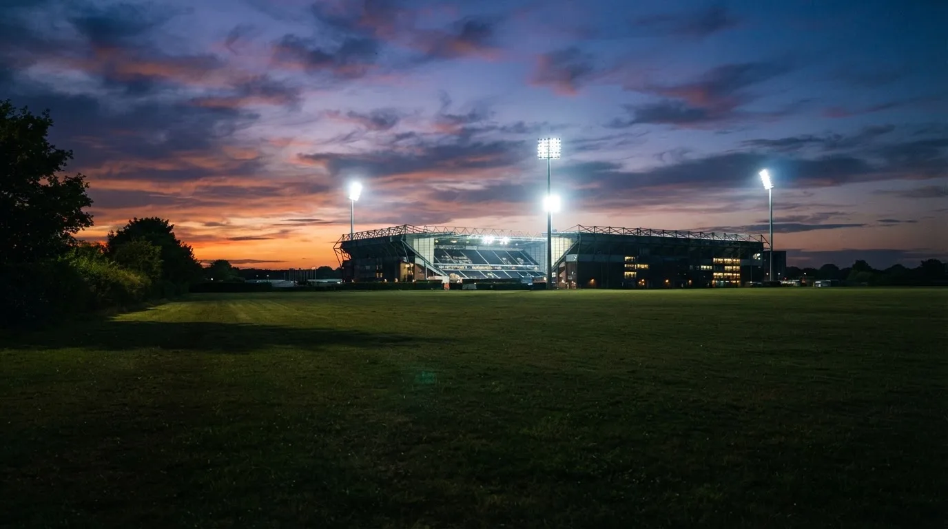 Ein Stadion unter Flutlicht aus der Ferne gesehen, im Vordergrund ein leeres Feld in der Dämmerung.