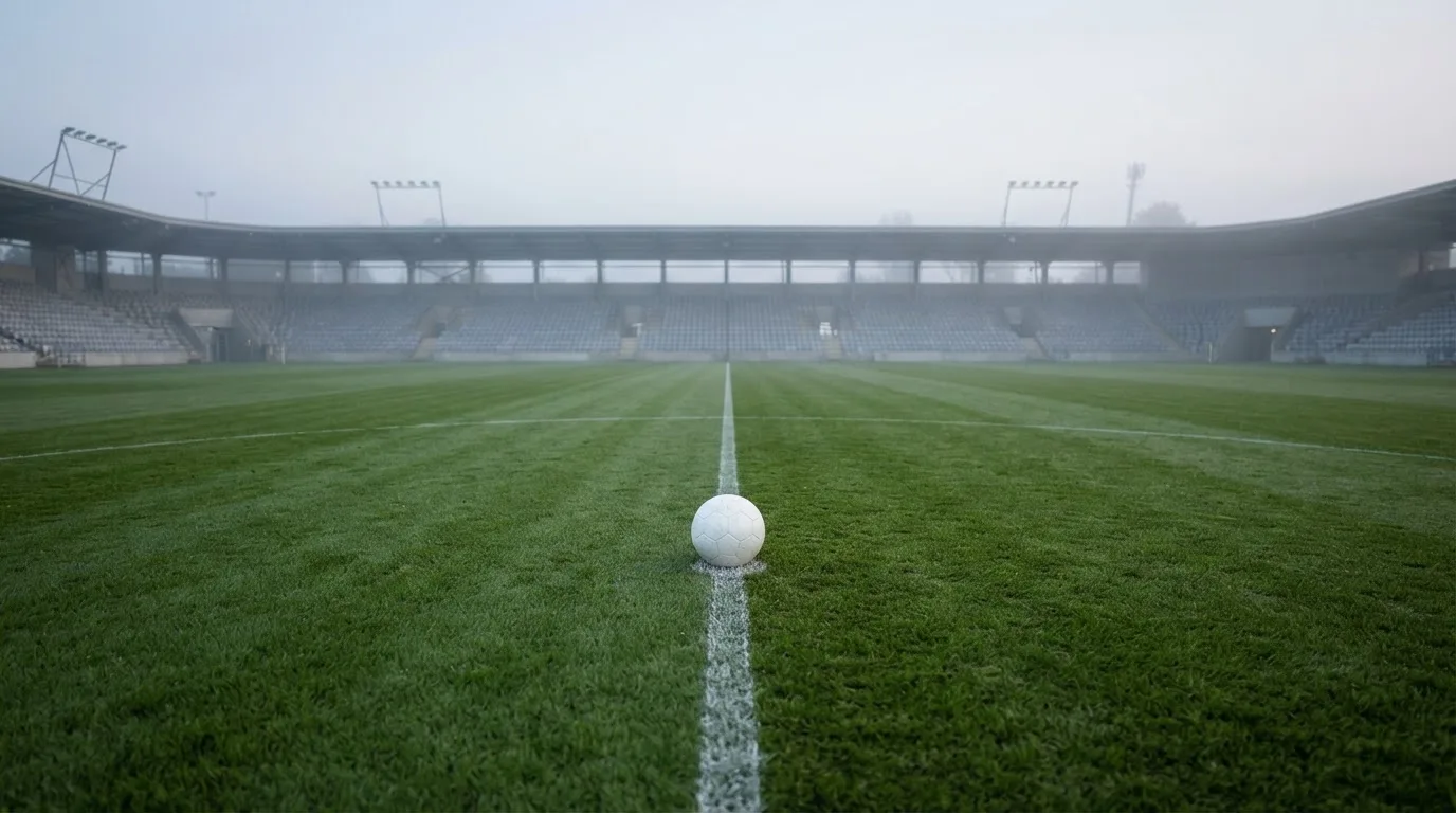 Ein Fußball liegt auf dem Anstoßpunkt eines leeren Rasenplatzes, im Hintergrund hängt Morgendunst über den Tribünen.