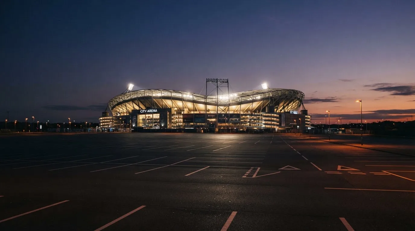 Ein Fußballstadion unter Flutlicht, aus großer Entfernung bei Einbruch der Dunkelheit gesehen, davor ein leerer Parkplatz.