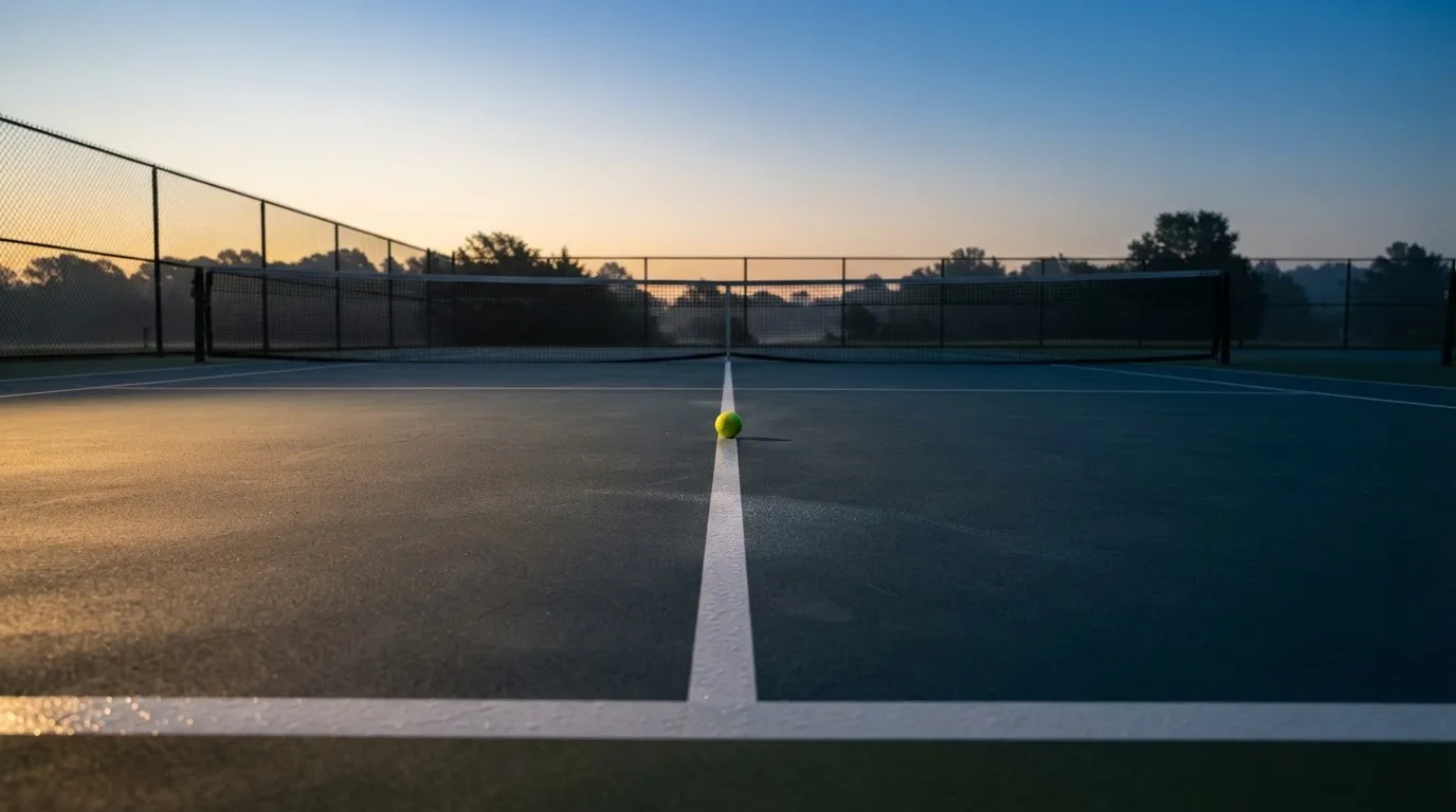 Ein Tennisplatz bei Sonnenaufgang, die Linien noch taufeucht, ein einzelner Ball liegt an der Grundlinie.