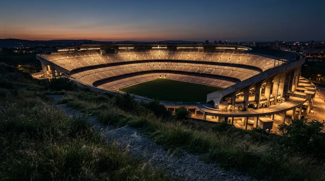 Ein leeres Stadion mit hell erleuchteten Rängen in der Abenddämmerung, von einem Hügel aus fotografiert.
