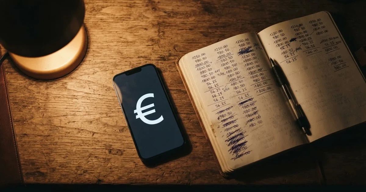 Ein paar Euro-Münzen und ein einzelner Geldschein liegen neben einem aufgeschlagenen Notizbuch mit handschriftlichen Zahlenreihen auf einem Schreibtisch.