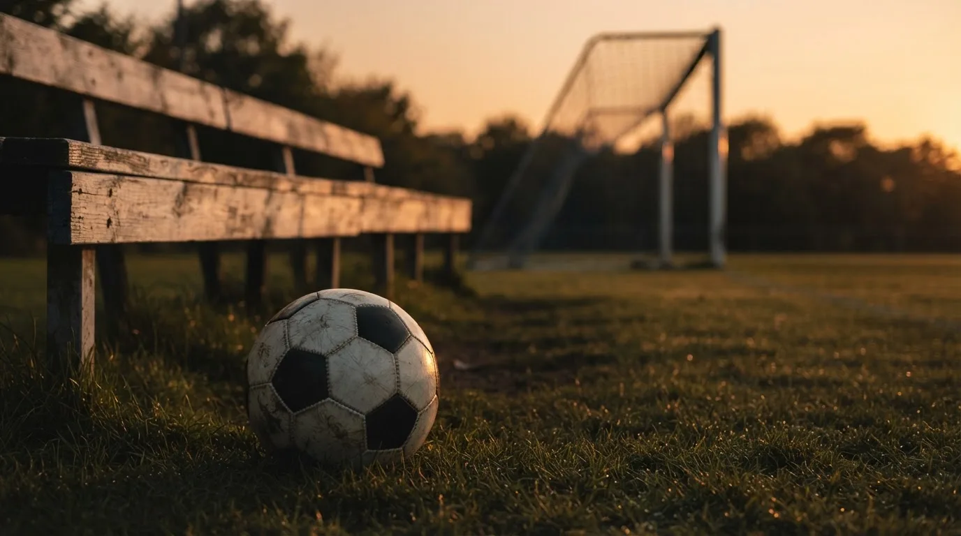 Ein Fußball liegt im Gras am Spielfeldrand, dahinter eine leere Bank und ein Tor im Gegenlicht.