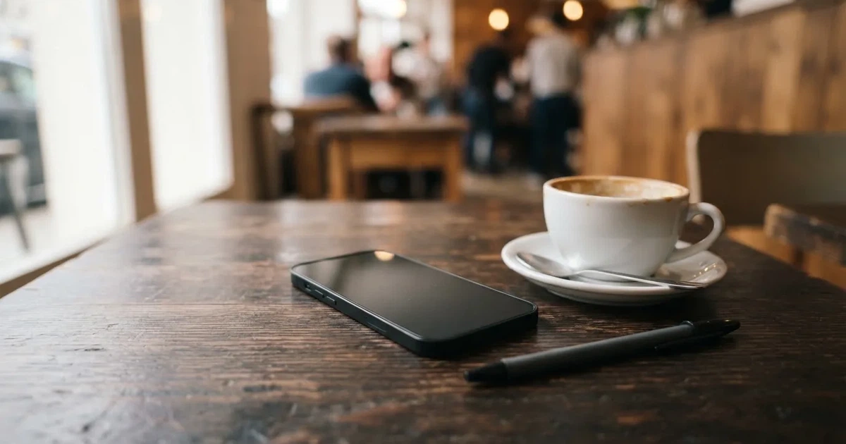 Ein Smartphone liegt mit dunklem Display auf einem Café-Tisch neben einer Tasse Kaffee und einem Kugelschreiber.