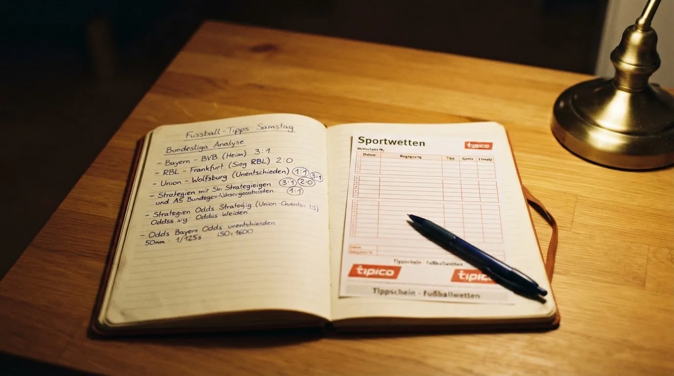 Ein Notizbuch mit handschriftlichen Notizen liegt aufgeschlagen neben einem leeren Papier-Wettschein auf einem Holztisch.