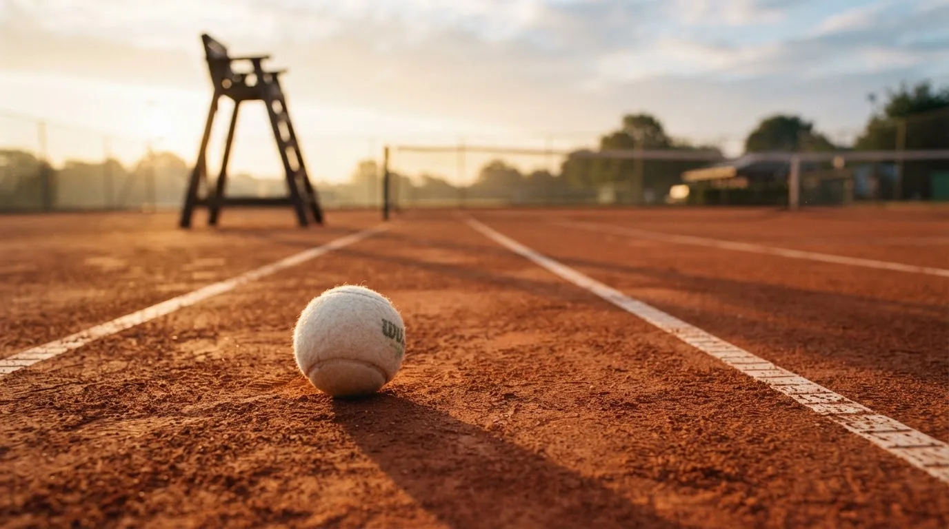 Ein Tennisball liegt auf einem roten Sandplatz bei Sonnenaufgang, im Hintergrund ein leerer Schiedsrichterstuhl.